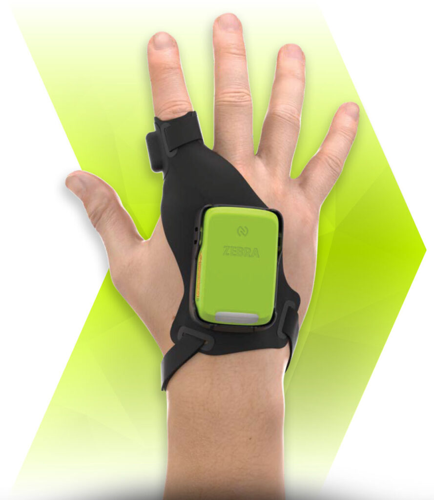 Zebra RS2100 wearable barcode scanner back of hand